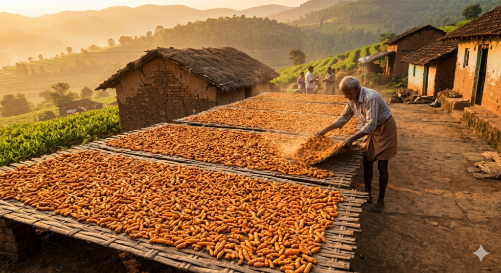 Freshly harvested turmeric rhizomes spread on bamboo mats drying in Indian sunshine — traditional turmeric processing method