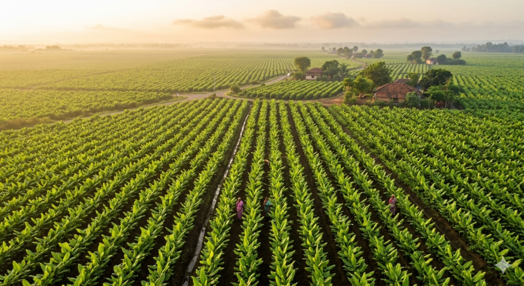 Aerial view of turmeric fields in rural India at golden hour the origin of the golden spice