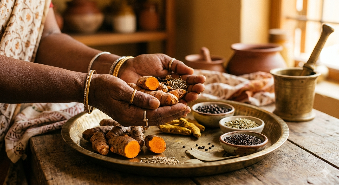 Ayurvedic spices on dark wood — SpiceAyurveda
